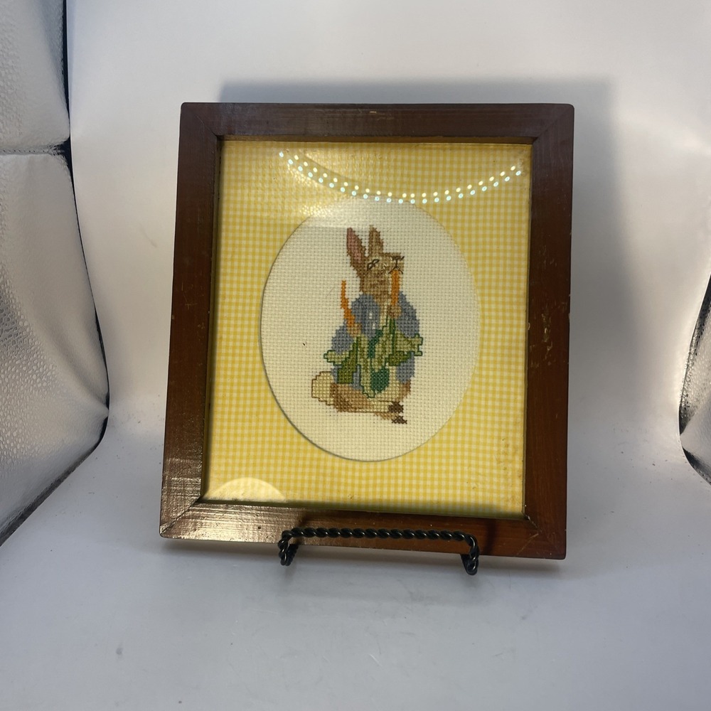 Beautiful Crossstitch Bunny In Walnut Frame Handmade Wall Hanging